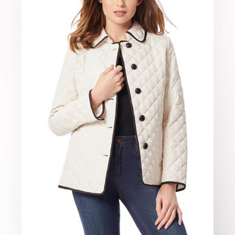 Jones New York Women's Off White Diamond-Quilted Tipped Jacket | M